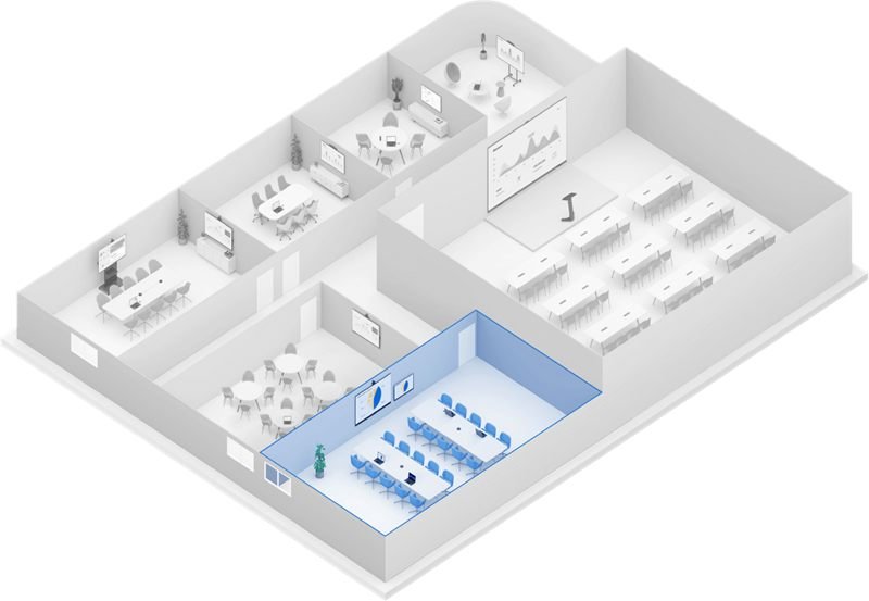 Isometric office layout showing different conference room sizes